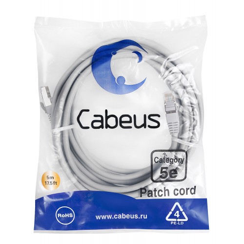 Cabeus PC-FTP-RJ45-Cat.5e-5m Патч-корд F/UTP, категория 5е, 2xRJ45/8p8c, экранированный, серый, PVC, 5м PC-FTP-RJ45-Cat.5e-5m