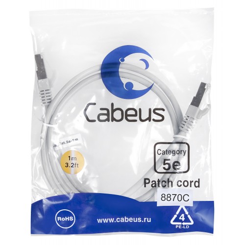 Cabeus PC-FTP-RJ45-Cat.5e-1m-LSZH Патч-корд F/UTP, категория 5е, 2xRJ45/8p8c, экранированный, серый, LSZH, 1м PC-FTP-RJ45-Cat.5e-1m-LSZH