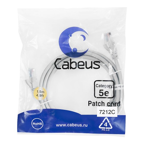 Cabeus PC-UTP-RJ45-Cat.5e-1.5m Патч-корд U/UTP, категория 5е, 2xRJ45/8p8c, неэкранированный, серый, PVC, 1.5м PC-UTP-RJ45-Cat.5e-1.5m