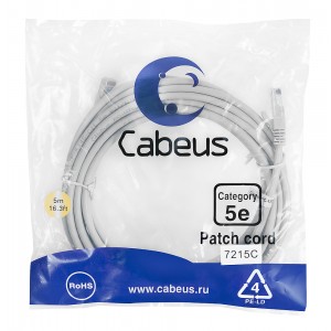 Cabeus PC-UTP-RJ45-Cat.5e-5m Патч-корд U/UTP, категория 5е, 2xRJ45/8p8c, неэкранированный, серый