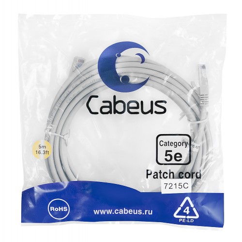 Cabeus PC-UTP-RJ45-Cat.5e-5m Патч-корд U/UTP, категория 5е, 2xRJ45/8p8c, неэкранированный, серый, PVC, 5м PC-UTP-RJ45-Cat.5e-5m