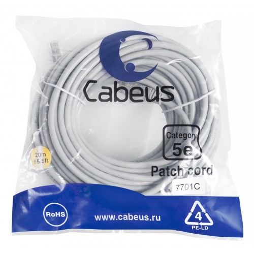 Cabeus PC-UTP-RJ45-Cat.5e-20m Патч-корд U/UTP, категория 5е, 2xRJ45/8p8c, неэкранированный, серый, PVC, 20м PC-UTP-RJ45-Cat.5e-20m