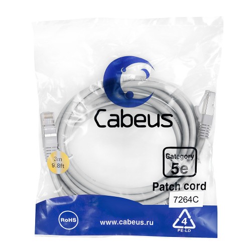 Cabeus PC-FTP-RJ45-Cat.5e-3m Патч-корд F/UTP, категория 5е, 2xRJ45/8p8c, экранированный, серый, PVC, 3м PC-FTP-RJ45-Cat.5e-3m