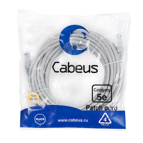 Cabeus PC-UTP-RJ45-Cat.5e-10m Патч-корд U/UTP, категория 5е, 2xRJ45/8p8c, неэкранированный, серый, PVC, 10м PC-UTP-RJ45-Cat.5e-10m